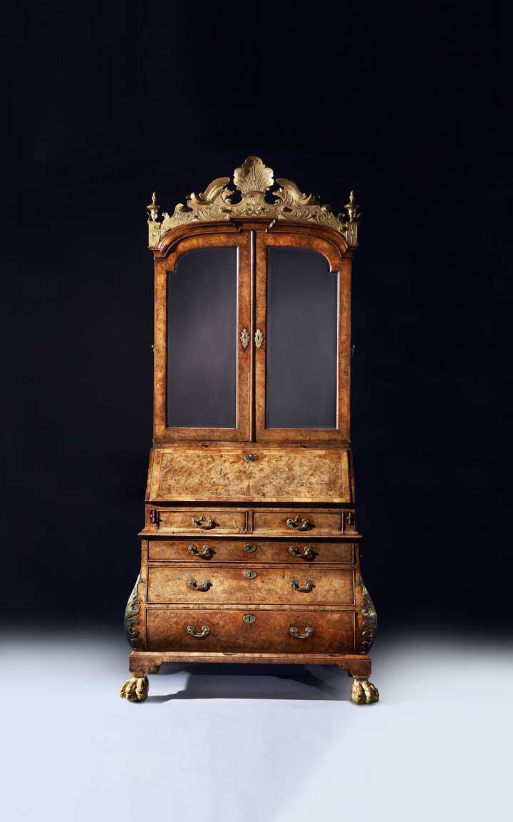 An Exceptionally Rare Burr Walnut Giltwood and Brass Mounted Bombe Bureau Cabinet